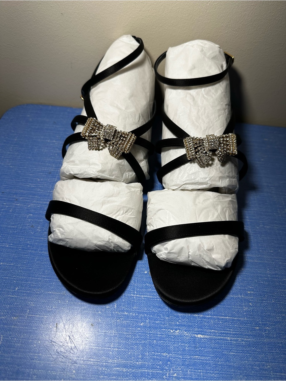 Black Strappy Women's Sandals with Rhinestone Bow Accent